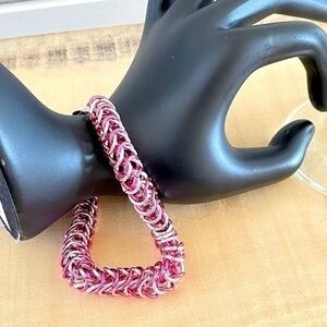 $49 SALE Handmade Neon Pink Silver Chainmail Bracelet Button Clasp Hand Linked